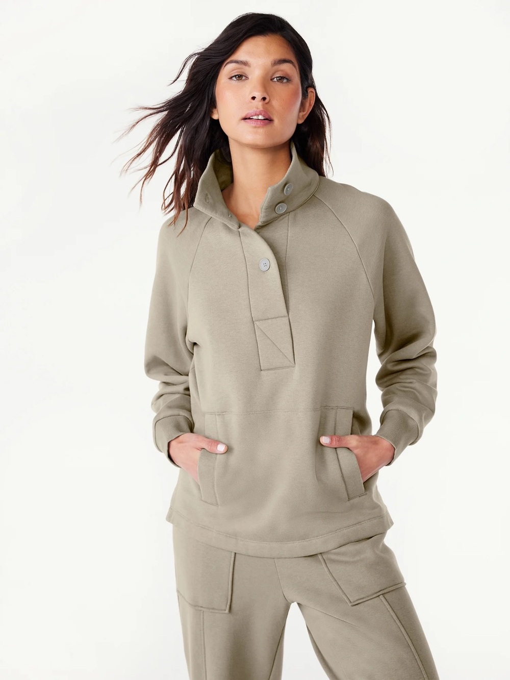 Relaxed Funnel-Neck Pullover Sweatshirt - Light Taupe
